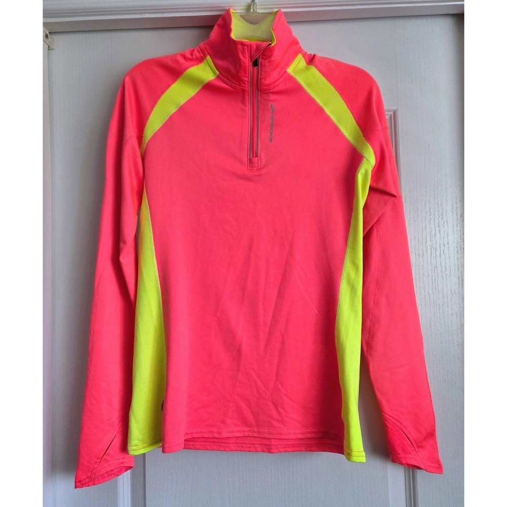 Brooks Neon‎ Pink Yellow Quarter Zip Running Top Thumbholes Womens Sz S Active